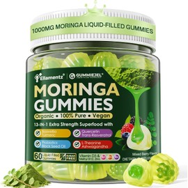 Moringa Gummies 1000mg for Women & Men Sugar-Free, 13-in-1 Superfood with Turmeric, Ashwagandha, Trans-Resveratrol, VB12 D3, Pure Moringa Leaf Supplement for Energy, Immune, Skin,Antioxidant, 60 Chews