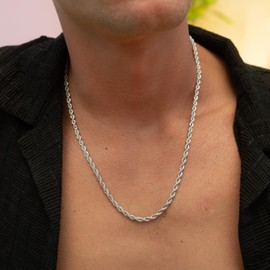 Made by Nami Men's Corded Silver Chain Stainless Steel 50 cm Long Waterproof Jewellery Gift for Him, Stainless Steel