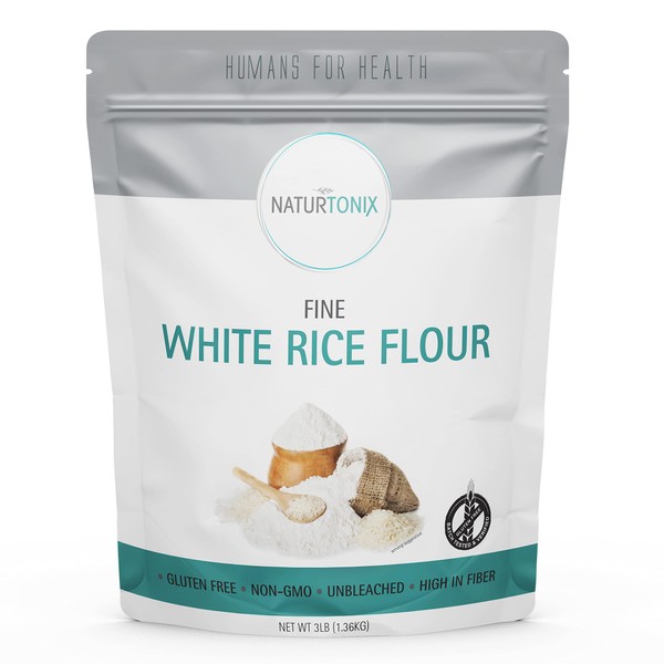 Naturtonix Fine White Rice Flour, Great for Gluten Free Baking, Non-GMO, Certified Kosher, Regular Flour Substitute, Unbleached, Makes Noodles, Thickens Sauce or Soup, 3 Pound