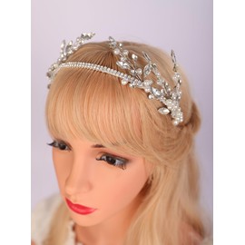 Teyglen Bridal Crystal and Pearl Beads Headband Sparkly Tennis Rhinestone Hair Piece Silver Rhinestone Wedding Hair Crown Band Hoop Accessories for Women
