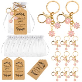Ecation 20 Set Flower Keychain Party Favors Set KeyRing with Kraft Tags Organza Bag for Guests Souvenir baby Shower Wedding(Light Pink, Flower)
