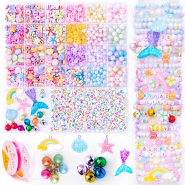 Danrun Bracelet Making Kit for Little Girls, Arts and Crafts for Kids Ages 6-8 for Making Jewelry, Mermaid Birthday Gifts for Girls Ages 5 7 9 10 11 12 - Cute Beads for Kids Toy Jewelry (Pink)