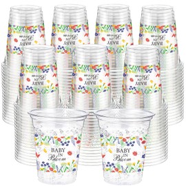 Jingmore 100 Pcs Baby In Bloom Baby Shower Cup 12 oz Floral Wildflowers Butterfly Disposable Clear Plastic Drinking Cups Bulk for Summer Spring Birthday Party Decorations Supplies