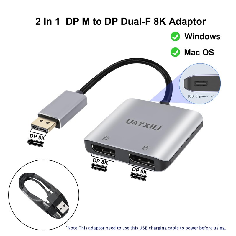 DisplayPort to Dual DP Adapter 8K@60Hz, DP Splitter 1 in