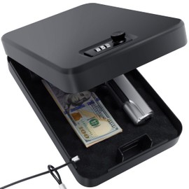 Portable Gun Safe for Pistols, Small Handgun Lock Box with Combination Lock or Key Lock, Portable Travel Pistol Safe for Travel, Home, Car (X Large-com-black)