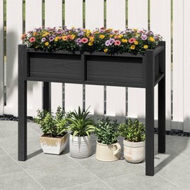 DWVO Outdoor Planter Box, Raised Garden Bed with Drainage System, Weatherproof Small Single-Layer Flower Box for Patio, Balcony, Garden or Indoor, Black