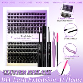 Cluster Lashes Kit 12-16mm D Curl Mixed Natural Individual Eyelashes Extensions DIY Wide Stem 0.07mm Reusable Soft and Wispy(FD18+B)