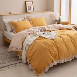 Loussiesd Ruffle Bedding Set, Super Soft Luxury Yellow Washed Microfiber 2pcs Comforter Cover Set, Shabby Chic Farmhouse Duvet Cover and Pillow Shams, Zipper Closure & Corner Ties, Easy Care Single