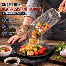 Rolling Grill Basket 2-Pack 304 Stainless Steel Grill Basket with Removable Wooden Handle, BBQ Grilling Net for Vegetables Shrimp veggie, Portable Camping Grill Accessories, Best Gifts for Dad/Husband/Men
