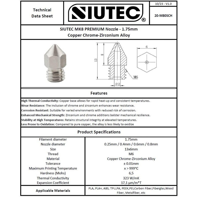 SIUTEC® Premium MK8 Copper Chrome Zirconium/Copper Chrome Zirconium, Nozzle/Nozzle, 0.6