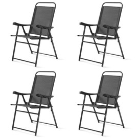 S AFSTAR Folding Sling Chairs, Patio Furniture Chair Set with Armrest for Lawn Garden (Dark Gray 4PCS)