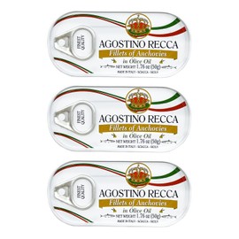 Agostino Recca Fillet of Anchovies in Olive Oil, 1.76 oz (50g) – Premium Italian Anchovies, Product of Italy [Pack of 3]