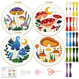 BEUNITONE 4 Set Mushroom Embroidery kit for Beginners Adults Cross Stitch Needlepoint Kits for DIY Art Craft Handy Sewing Set Needle Punch Kits for Starter Adults with Instruction for Gifts 7.9 inch