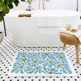 SHIYUE Bathroom Mat Cute Flower Bath Rug, Soft Cozy Microfiber Slip Floor Carpet Decor Absorbent Washable，Bedroom Bathtub Shower(18x26in Teal)