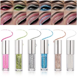 YIBABY 6 Colors Liquid Glitter Eyeliner Makeup Set, Long Lasting Quick Drying & High Pigmented Metallic Shimmer Sparkling Eyeshadow (Blue, Brown, Green, Silver, Pink, White)
