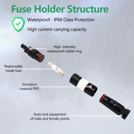 15A Solar in-line Fuse Holder, IP68 1000V for Solar Panel and Inverter in Photovoltaic System, Male and Female Connector with 1 Fuse