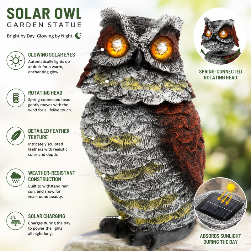 Solar Owl Garden Statue for Outdoor Décor – Plastic Rotating