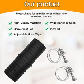 Hose Pipe Connector Set – 32mm Pond Hose Connector with 2 Wire Hose Clips – Pond Hose Pipe Joiner – Adjustable Hose Clamps with Screw Fitting for Standard 32-36mm Diameter Size. Set by MYPURECORE