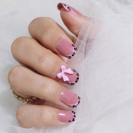 MOTIBACK French Tip Leopard Press on Nails - 24Pcs Short Square False Nails with 3D Bow, Reusable Stick on Nails for Women