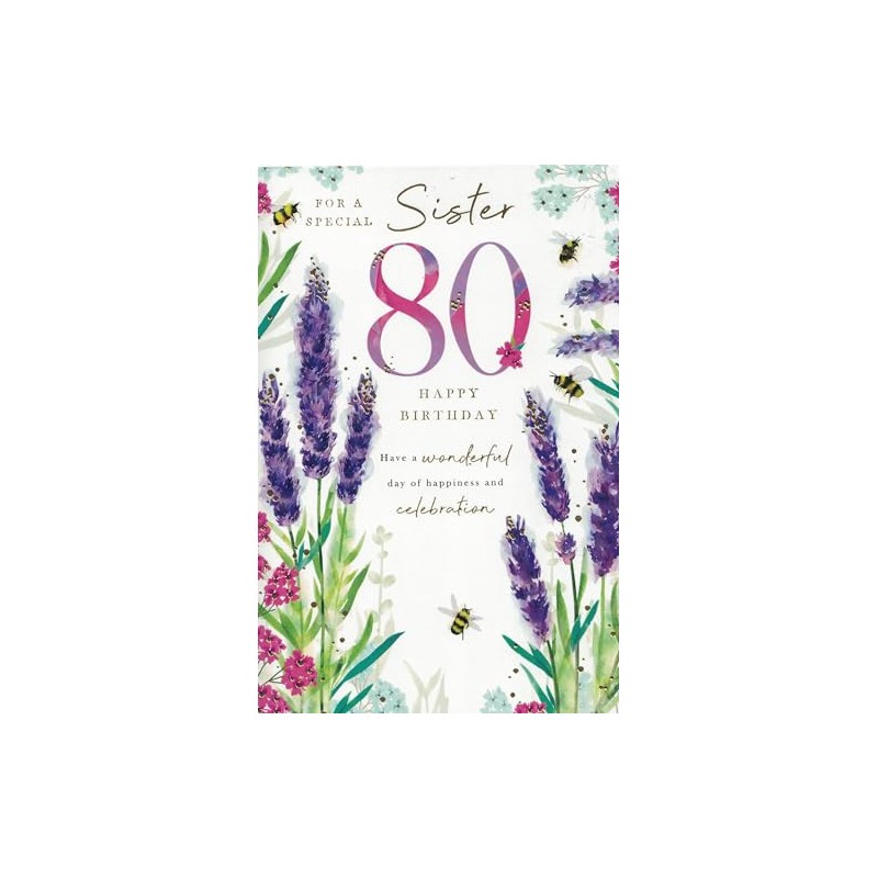 Sister 80th Birthday Card, Lovely Floral Design, 23 x 15
