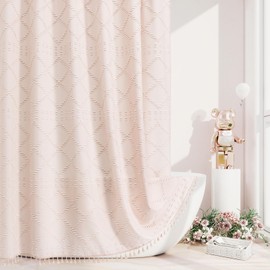 Craidlela Boho Light Pink Woven Fabric Shower Curtain with Tassel 72 x 72 Modern Farmhouse Minimalist, Pink Bohemia Tufted Chevron Striped Chic Textured, Waterproof Cloth Curtain for Bathroom