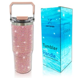 30oz Bling Rhinestone Studded Tumbler with Top Handle and Leakproof Lid Vacuum Insulated Stainless Steel Glitter Crystal Water Bottle with Flip Straw Reusable Cup Outdoors Travel Mugs (Light Pink)
