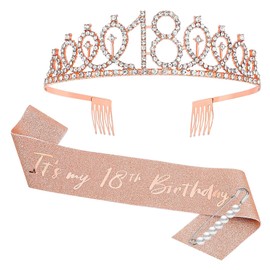 JurciCat 18th Birthday Girl Sash and Tiara Rose Gold Crown 18th Birthday Gifts for Birthday Girl Party Decoration Decoration, Rose Gold