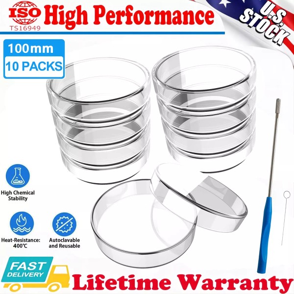 Carbole 100mm Glass Petri Dishes w/Lids 10Pcs Autoclavable Lab Petri