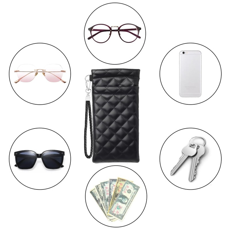 Yantoers Double Eyeglass Case Squeeze Top Glasses Pouch, Leather Soft