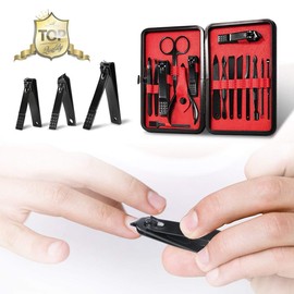 Juego de cortaúñas para manicura y pedicura, de HARPIMER, 16 piezas de acero inoxidable, cortador de cutículas, cortauñas, cortaúñas, kit de herramientas de pedicura, con una funda portátil (negro)