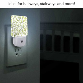 Chrobak LED Night Light,Watercolor Green Leaves LED Night Light Plug into Wall with Dusk to Dawn Light Sensor White Energy Efficient Nightlight for Bedroom Bathroom Hallway Living Room Kitchen