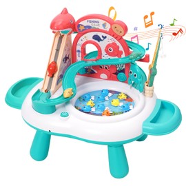 Baby Fishing Toy Set, 3 in 1 Magnetic Fishing Game for Toddlers & Kids with Slideway & Music Story, 10 Fish, 3 Dolphins, 2 Toy Fishing Poles, Learning Educational Toys Sound Effect Toy