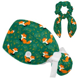 Scrub Caps Women, Surgical Caps for Women with Ponytail and Buttons, Bouffant Nurse Hat with Bow Crunchy for Long Hair, Cute Fox Ginkgo on Green Comic Cartoon Style
