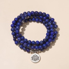 108 Mala Beads Lapis Lazuli Necklace Lotus Charm Prayer Meditation Yoga Bracelet