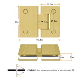 Bathlink 180 Degree Glass Shower Door Hinges, Heavy Duty Brushed Gold Glass Door Hinge for Bathroom, 1 PCS 304 Stainless Steel Shower Door Hinges for 1/4" to 1/2" Frameless Shower Door