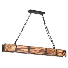 Maxax LED Farmhouse Chandelier, 4 Lights Rustic Vintage Wood Pendant Light, Chain Hanging Lighting Fixture, for Kitchen Island, Dining Room, Living Room, Foyer, Wood Grain
