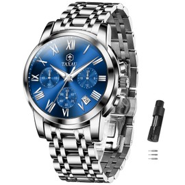 Taxau Multifunctional Watches for Men Stainless Steel Dress Men Chronograph Watches Roman Dial Luxury Business Wristwatches Waterproof Luminous with Date Gift for Men Reloj Para Hombre, Silver Band