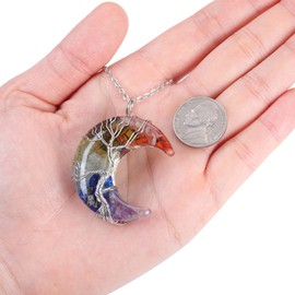 VadiForest Crystal Necklace Crescent Necklace 7 Chakra Necklace Tree Life Wire Wrapped Moon Pendant Necklace Necklace Resin Stone Chips Pendant for Women Moon Jewelry for Yoga Meditation