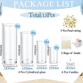 UDU 4 Set Glass Cylinder Vases for Centerpieces with 20000 Clear Water Beads 6 White Floating Candles 3 Pearl String, Centerpieces for Wedding Party Home Table Decoration