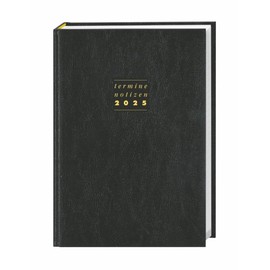 Appointment Diary A6, Black Leather 2025: Black Appointment Calendar with High-Quality Faux Leather Cover, Weekly Planner with Quotes and Ribbon Bookmark, for Planning Appointments (Office Calendar