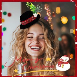 Firuilo Christmas Snowman Headband Black Mini Top Hat Hairbands Christmas Mistletoe Head Hoops with Plaid Band Holly and Berries for Women (Style-A, One Size)