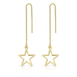 DTPsilver® 925 Sterling Silver Yellow Gold Plated Pull Through/Thread Style Drop Chain Earrings and Cut-out Star - Length: 84 mm - Star Dimension: 14 x 17 mm