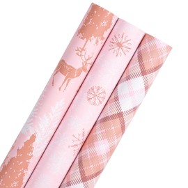 RUSPEPA Pink Christmas Wrapping Paper Set, Mini Roll, Gold Foil Winter Wonderland Design with Reindeer, Snowflake, Plaid Patterns Perfect for Holiday Gifts, 3 Rolls, 17 inches x 10 feet per Roll