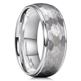 King Will Mens 8mm Silver Hammered Tungsten Rings for Men Domed Multi-Faceted Brushed Step Edge Engagement Mens Wedding Band 10