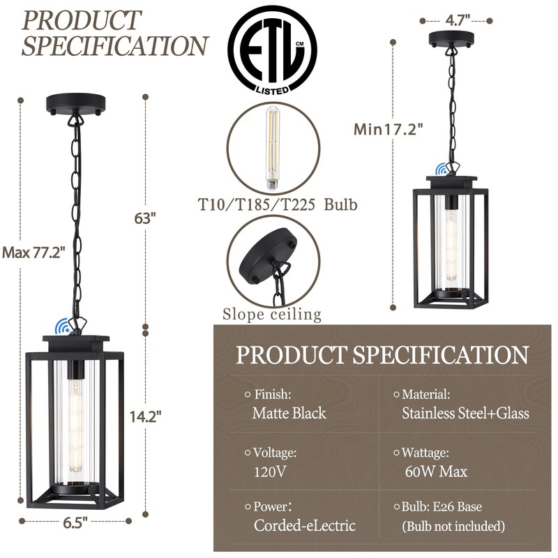 Osimir Outdoor Pendant Light, 14" Large Dusk to Dawn Outdoor