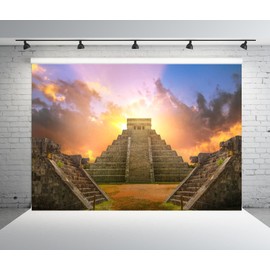 Loccor 5x3ft Fabric Maya Chichen Itza Pyramid Backdrop for Photography Sunset Ancient Mayan Architecture Ruins Mexico Culture Historical Building Scenic Background Travel Party Photo Booth Props
