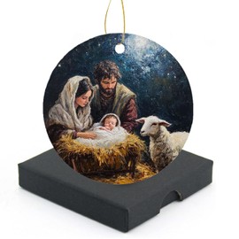 Adorno de Navidad 2024, adornos de invierno para la escena de la granja familiar con caja de regalo, adorno redondo de cerámica para decoración del árbol de Navidad, encantador para familiares y
