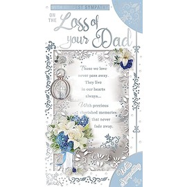 Loss Of Your Dad Sympathy Card Blue White Flowers with Silver Foil 9x4.75"