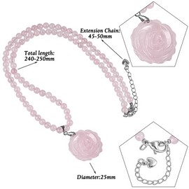 KYEYGWO Carved Rose Flower Pendant Beaded Necklace, Natural Crystal 4mm Beads Stackable Layered Bracelet Chakra Jewellery Gifts for Women, Rose Quartz