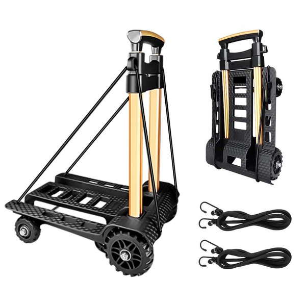 Folding Hand Truck Portable Dolly Compact Utility Luggage Cart with 70Kg/155Lbs Heavy Duty 4 Wheels Solid Construction Adjustable Handle for Moving Travel Shopping Office Use (Black)